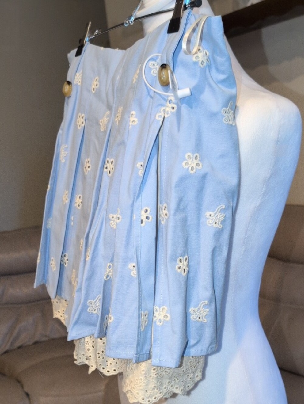 Lacemade Floral Eyelet Embroidered Light Blue Pleated Mini Skirt with Lace Hem - Picture 4 of 16